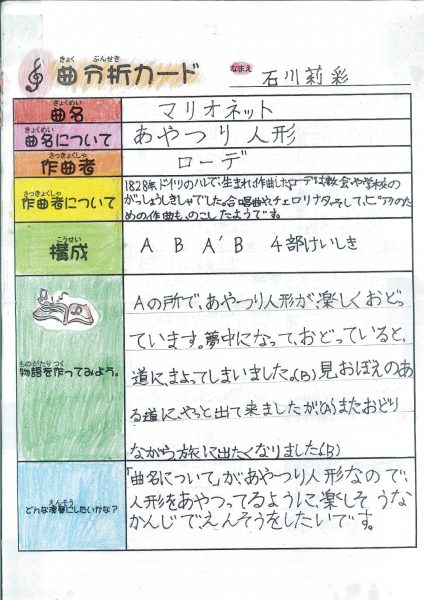 葛飾区のピアノ教室の曲分析カード